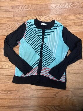 New York & Company Black & Aqua Geometric Button Cardigan with Coral Accents